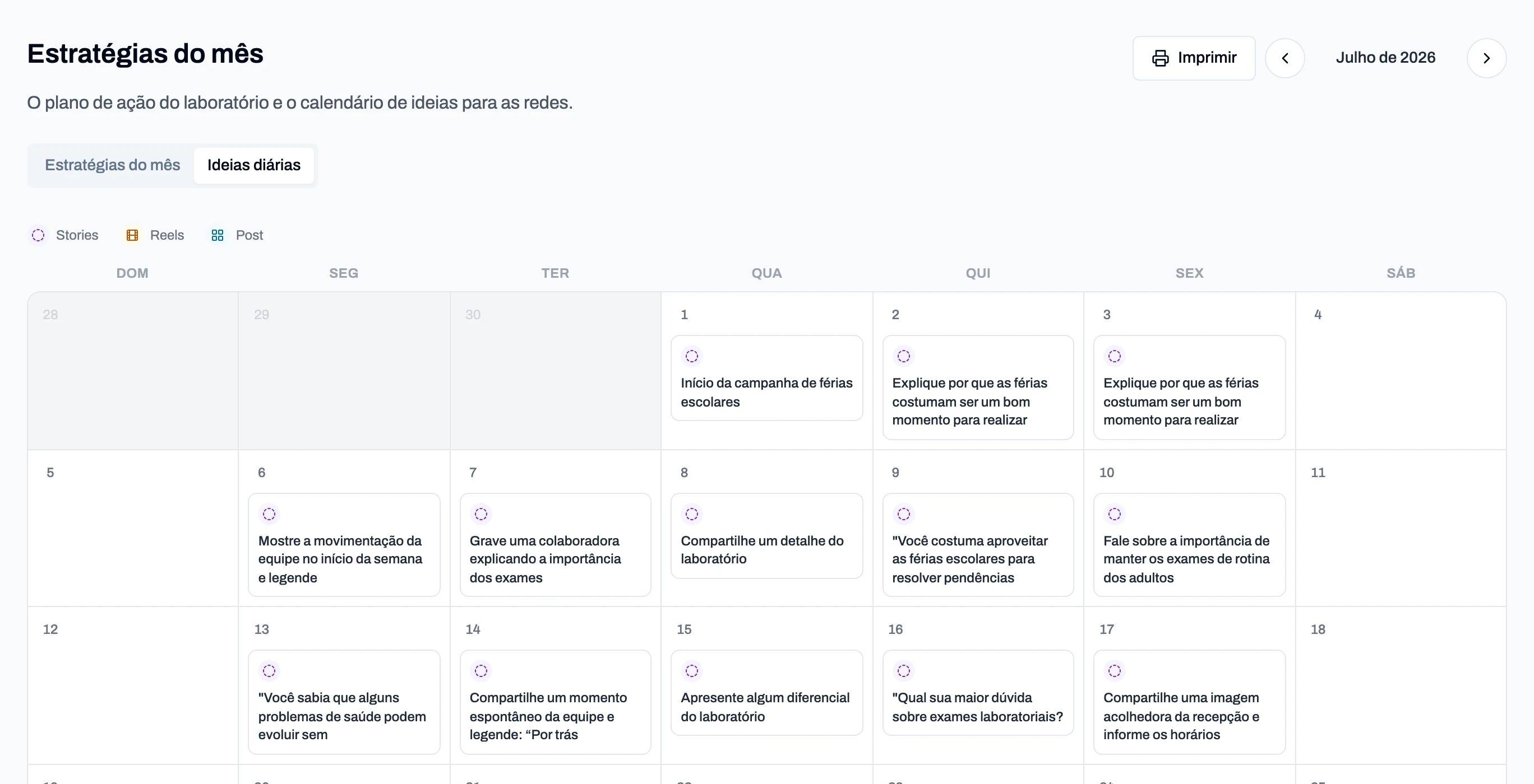 Calendário de ideias diárias de conteúdo