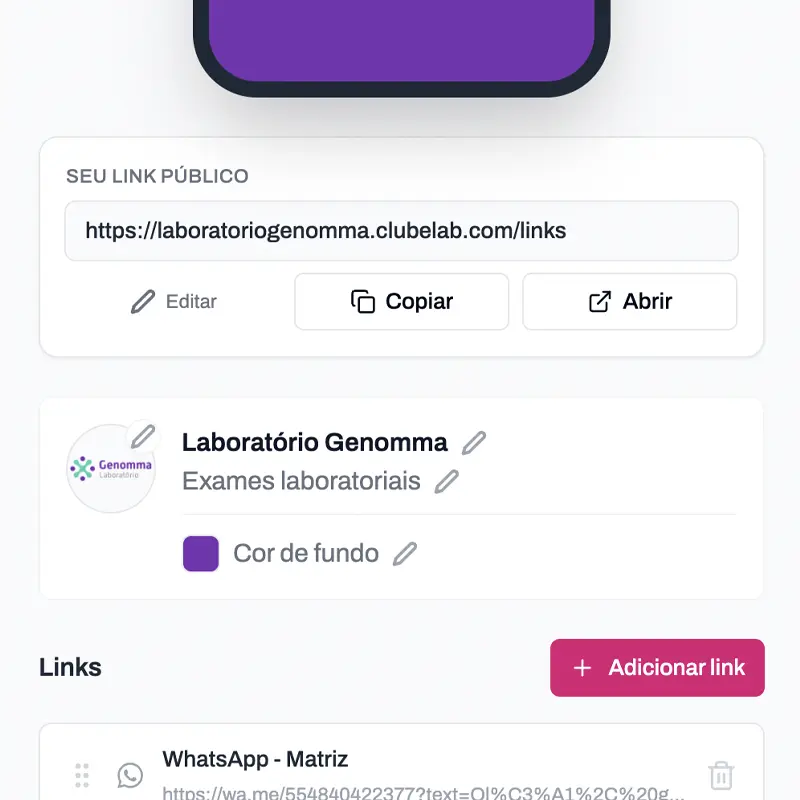 Personalização da página de link na bio do laboratório
