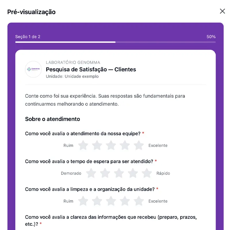 Pesquisa de satisfação e relatórios na plataforma