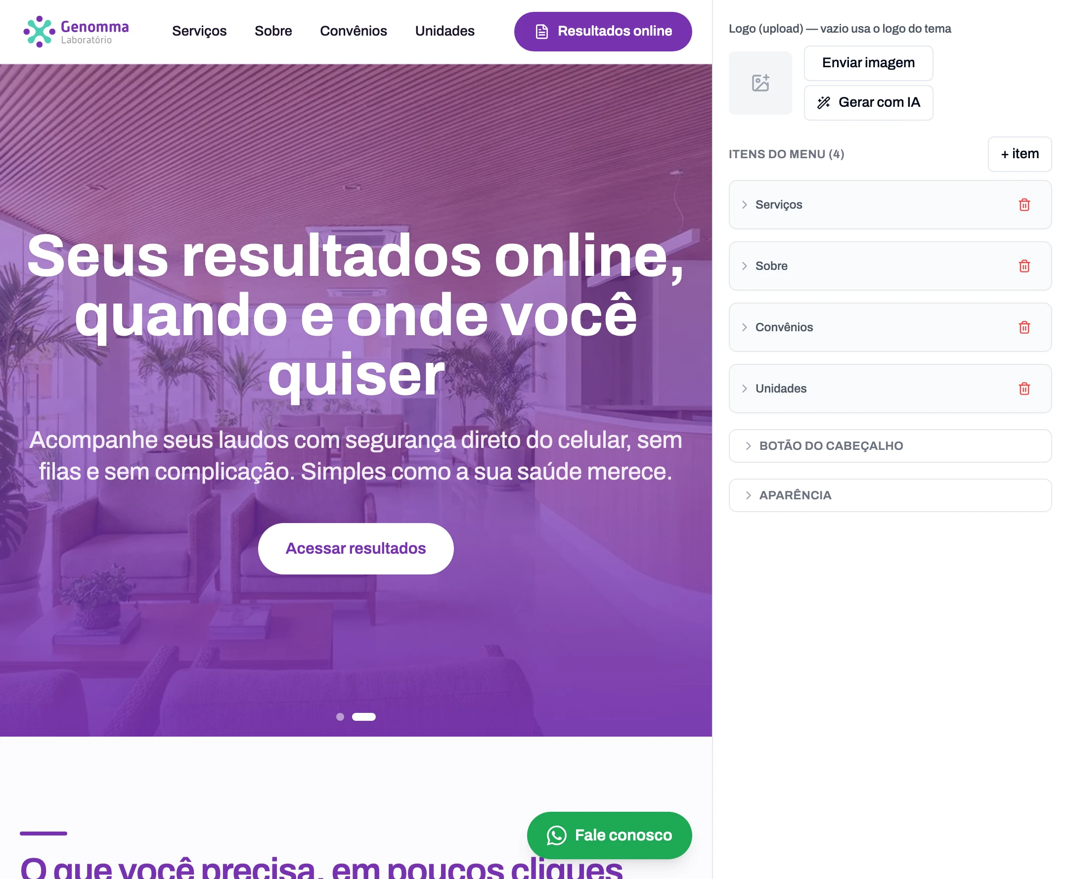 Editor de páginas do Clube do Lab com a prévia do site
